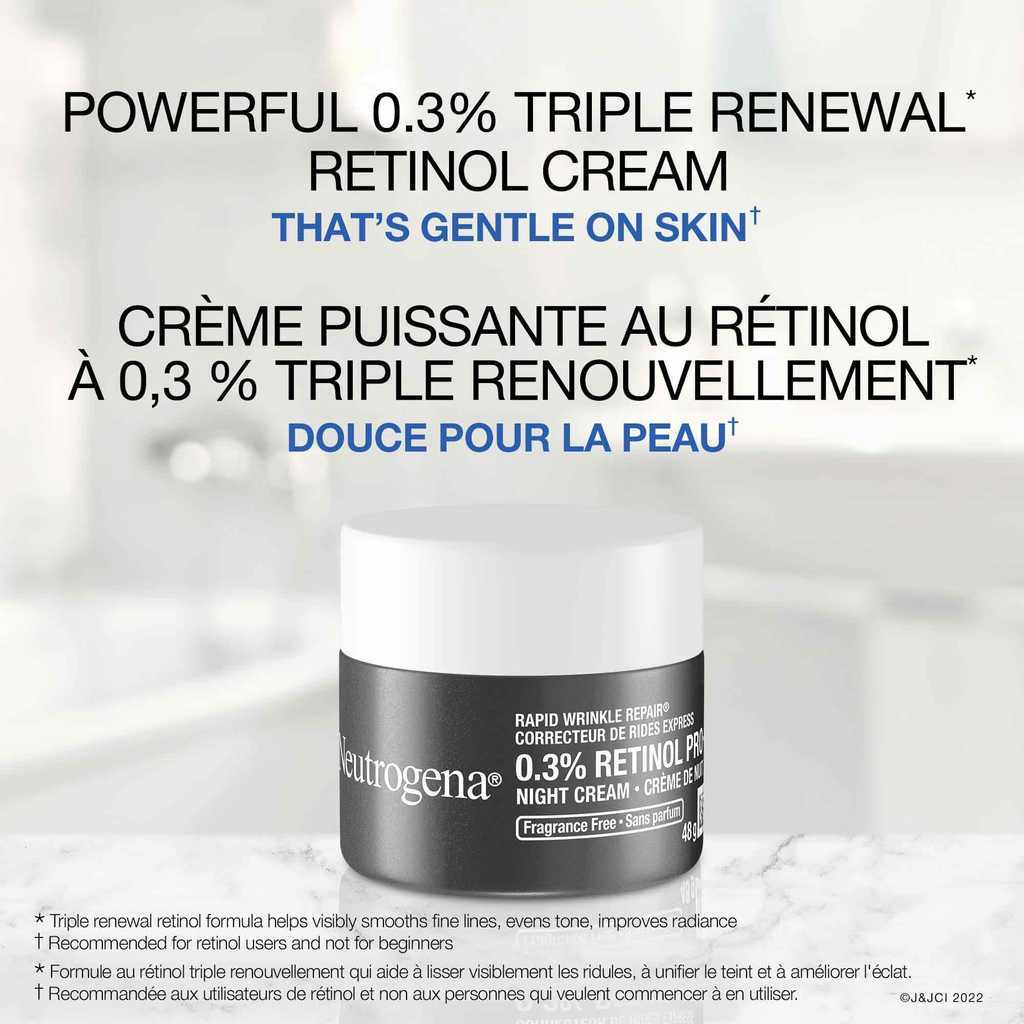 Pot de crème de nuit 0.3% Retinol Pro+ Correcteur de rides express et texte disant «Crème puissante au rétinol à 0,3 %, triple renouvellement, douce pour la peau»