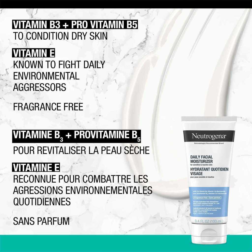  Hydratant quotidien Visage NEUTROGENA® accompagné de la liste d'ingrédients « vitamine B3, vitamine E et provitamine B5 » et de leurs bienfaits.