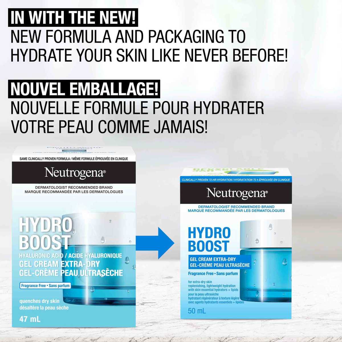 Ancien et nouvel emballage du gel-crème peau ultrasèche NEUTROGENA® Hydro Boost, avec les mentions « Nouvel emballage » et « Nouvelle formule pour hydrater votre peau comme jamais! ».