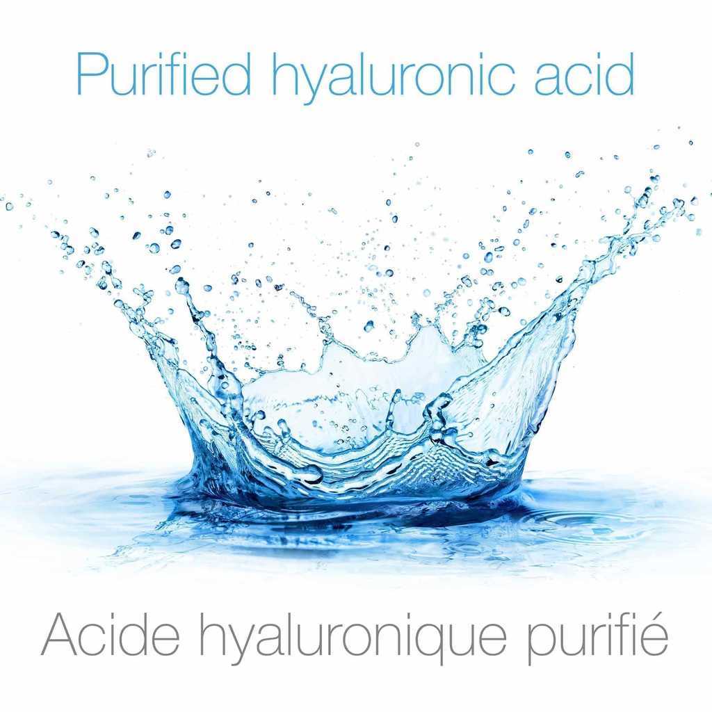 Gouttes d'eau avec texte disant «Acide hyaluronique purifié»