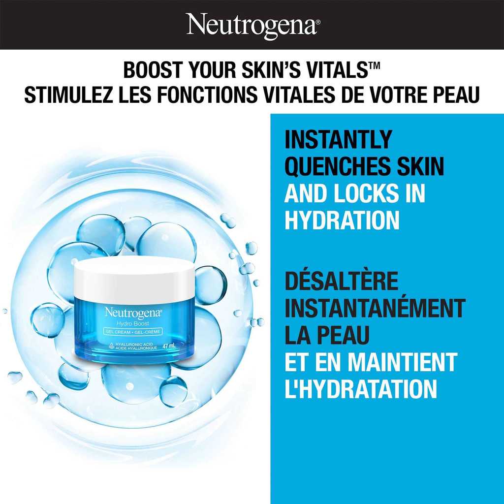 Gel-crème NEUTROGENA® Hydro Boost, avec la mention « Stimulez les fonctions vitales de votre peau - Désaltère instantanément la peau et en maintient l'hydratation ».