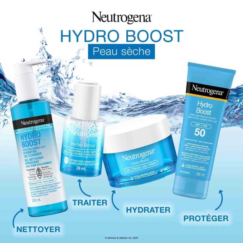 4 produits NEUTROGENA® Hydro Boost pour nettoyer, traiter, hydrater et protéger la peau sèche du visage