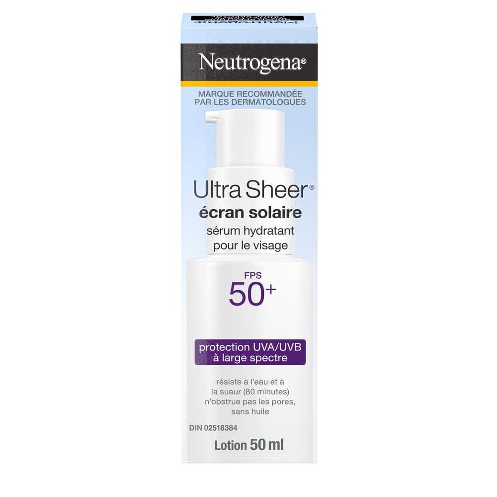 Boîte de 50 ml d’écran solaire Neutrogena Ultra Sheer avec FPS 50 en sérum hydratant pour le visage 