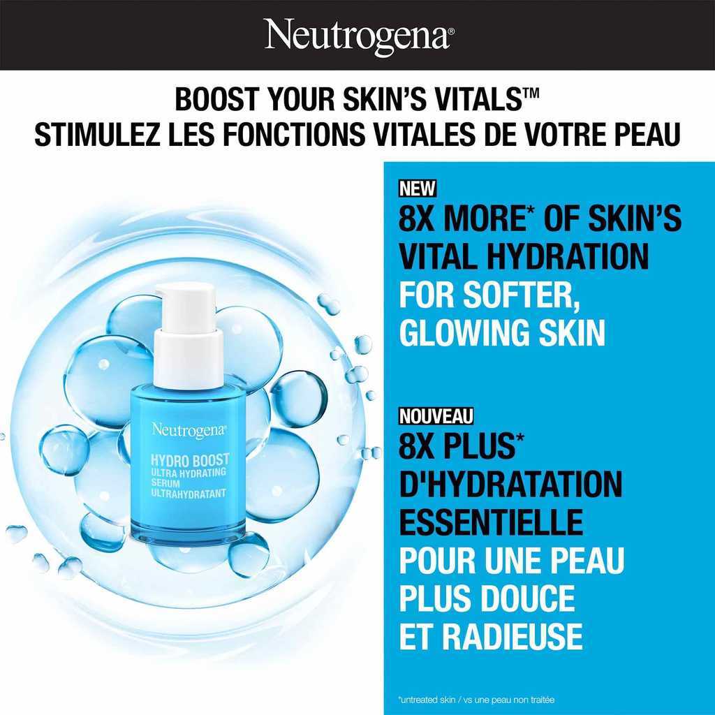 Sérum ultrahydratant NEUTROGENA® Hydro Boost, avec la mention « Stimulez les fonctions vitales de votre peau - 8 fois plus d'hydratation essentielle pour une peau plus douce et radieuse ».