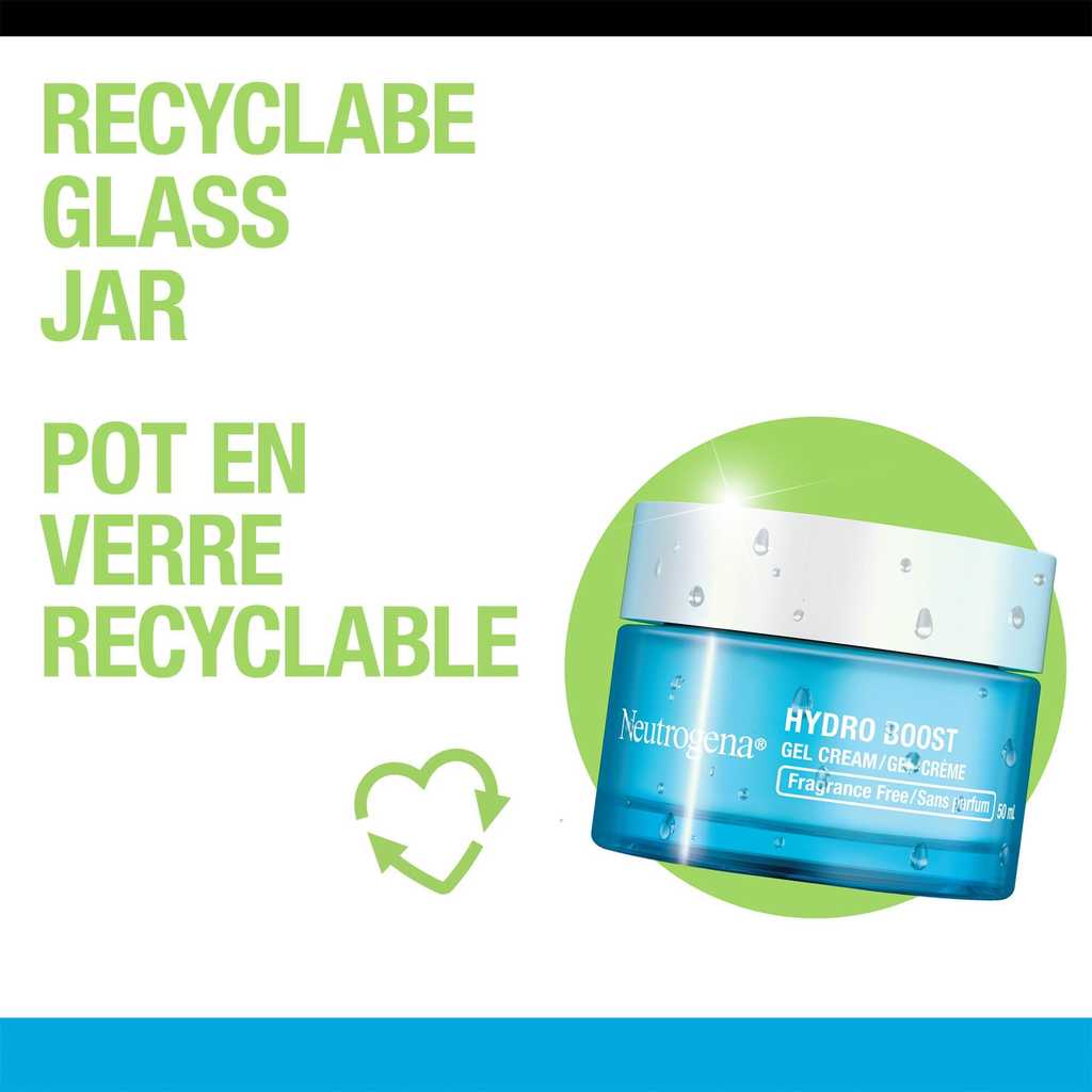 Image du pot de gel-crème sans parfum NEUTROGENA® Hydro Boost avec la mention « pot en verre recyclable ».