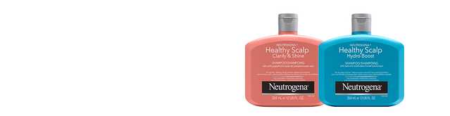 Deux flacons montrant le shampoing Neutrogena Healthy Scalp Clarify & Shine et le shampoing Healthy Scalp Hydro Boost, 354 ml