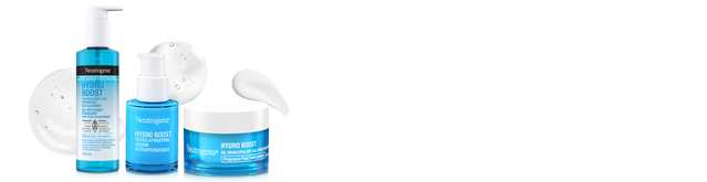 Bannière illustrant le gel nettoyant, le sérum ultrahydratant et le gel-crème NEUTROGENA® Hydro Boost.