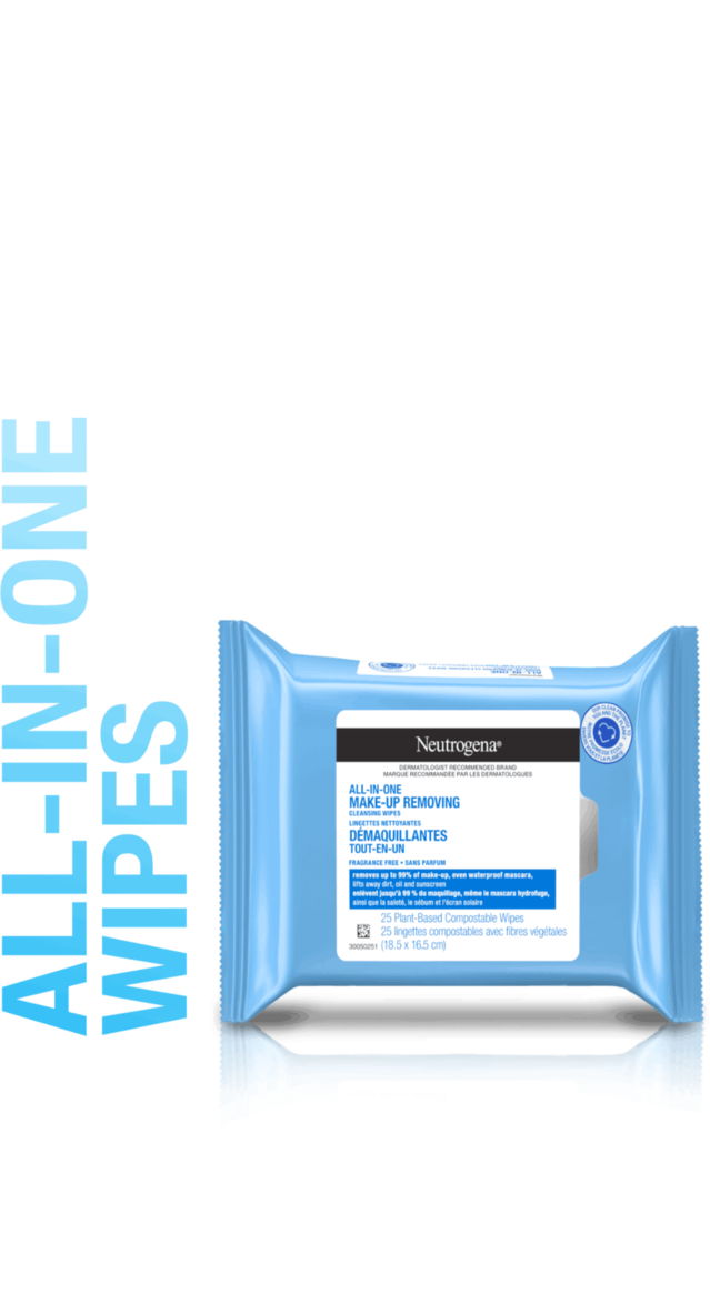 Packet of Neutrogena All-in-One Make-up Removing Cleansing Wipes, 25 plant-based compostable wipes.