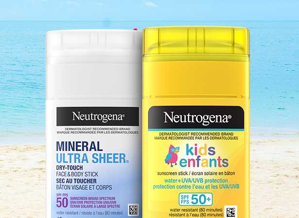 Écran solaire en bâton pour enfants Neutrogena®, FPS 50+, et écran solaire en bâton pour le visage et le corps Neutrogena® ULTRA SHEER® Sec au toucher, FPS 50.